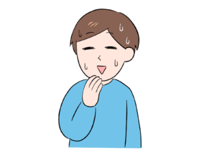 顎に手を当てて冷や汗をかきながら苦笑いする男性