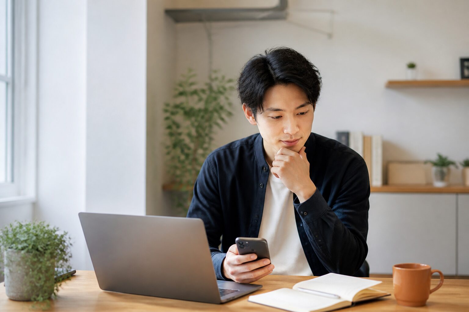 パソコンとスマートフォンでキャリア情報を確認する20代のビジネスパーソン